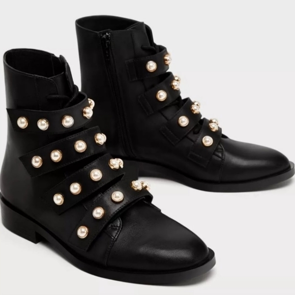 Bloggers Fav Zara Pearl Moto Biker Boots - Picture 3 of 15